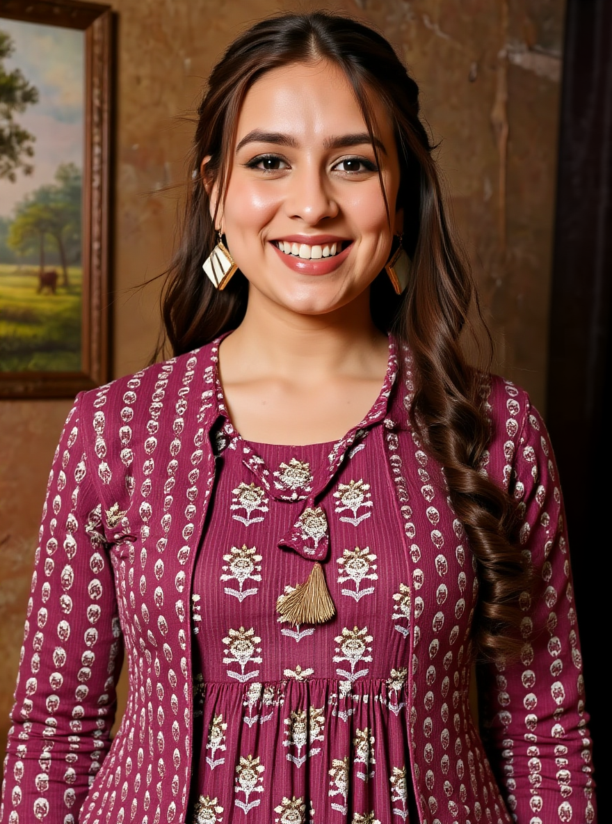 Kantha Cotton Floral Gathered Purple Dress with Necklace