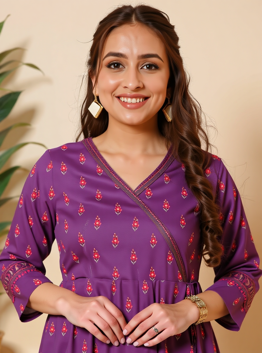 Embroidered Viscose Floral Angrakha Purple Kurta