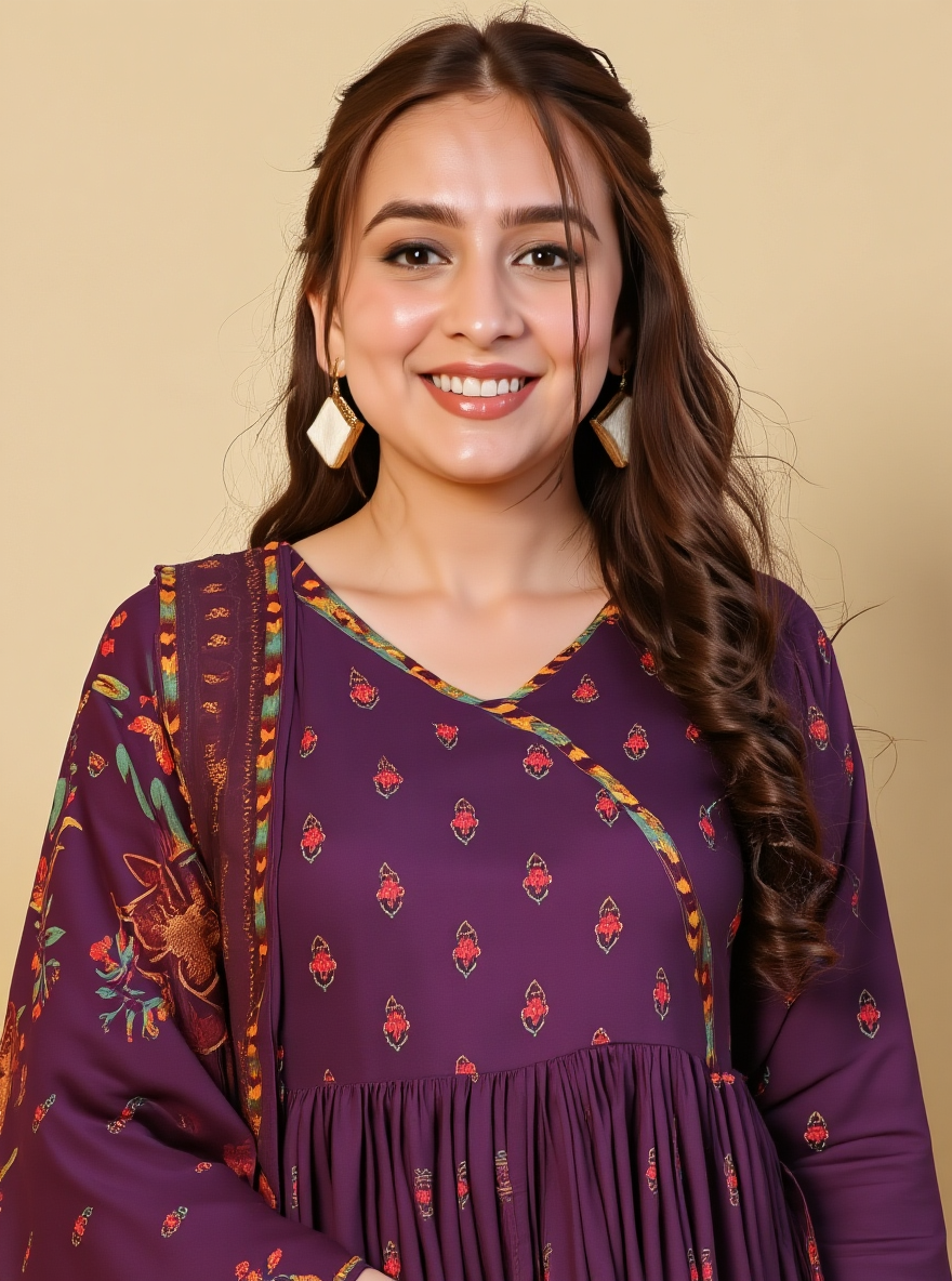 Embroidered Viscose Placement Print Angrakha Mauve Kurta