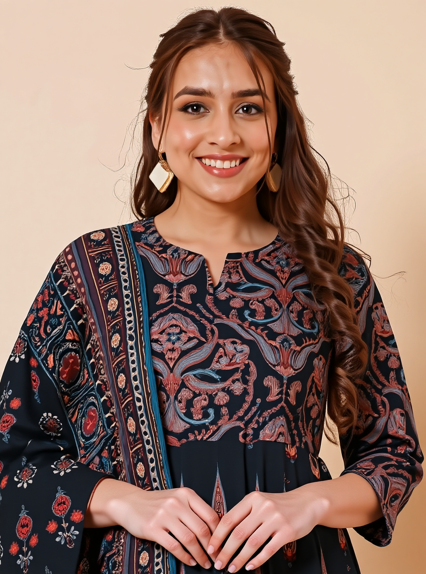 Soft Cotton Geometric Anarkali Black Kurta