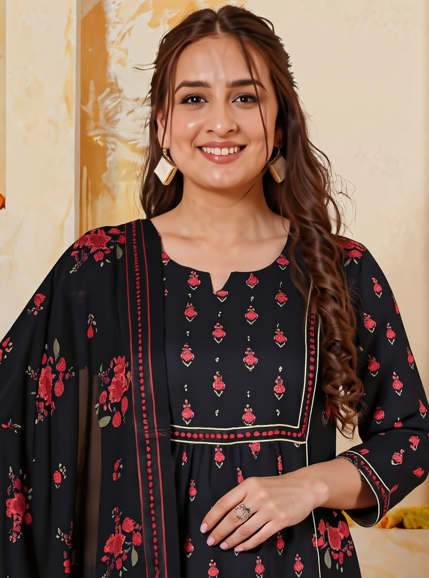 Embroidered Viscose Floral Flared Black Kurta