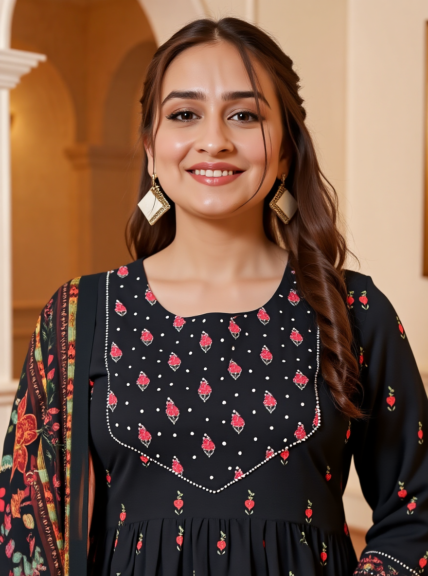 Viscose Floral Flared Black Kurta