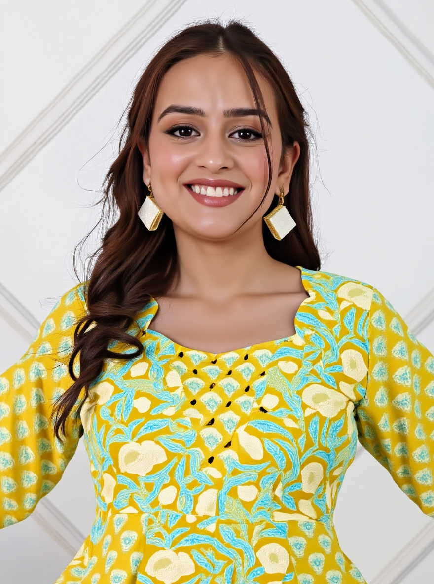 Embroidered Soft Cotton Floral Flared Lemon Yellow Kurta
