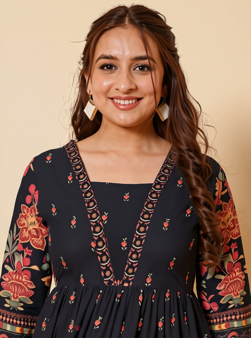 Viscose Placement Print Flared Black Dress