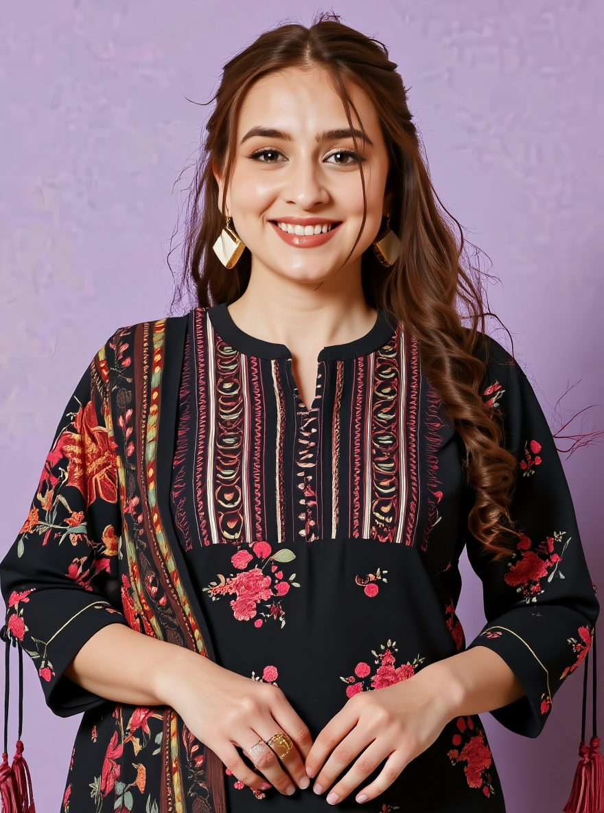 Embroidered Viscose Floral Straight Black Kurta