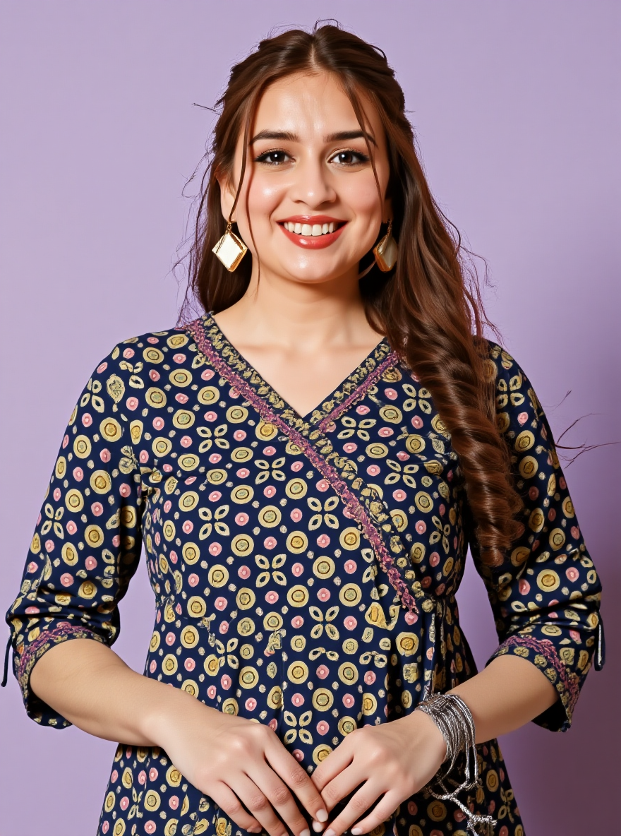 Soft Cotton Geometric Angrakha Navy Blue Kurta