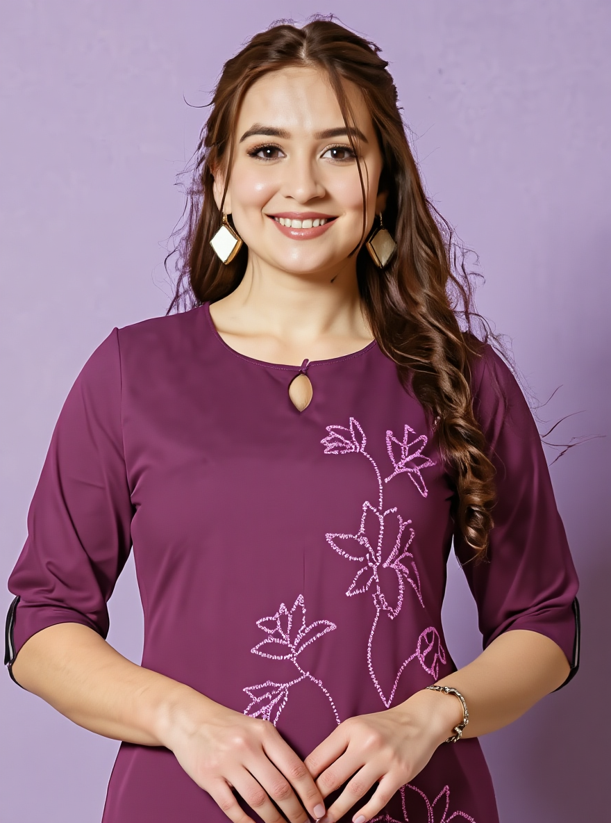 Embroidered Soft Cotton Solid Straight Wine Kurta