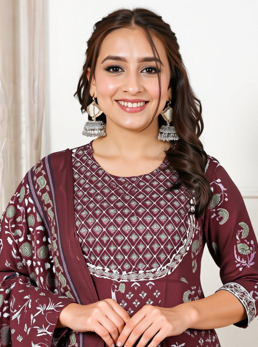 Embroidered Soft Cotton Floral Anarkali Maroon Kurta