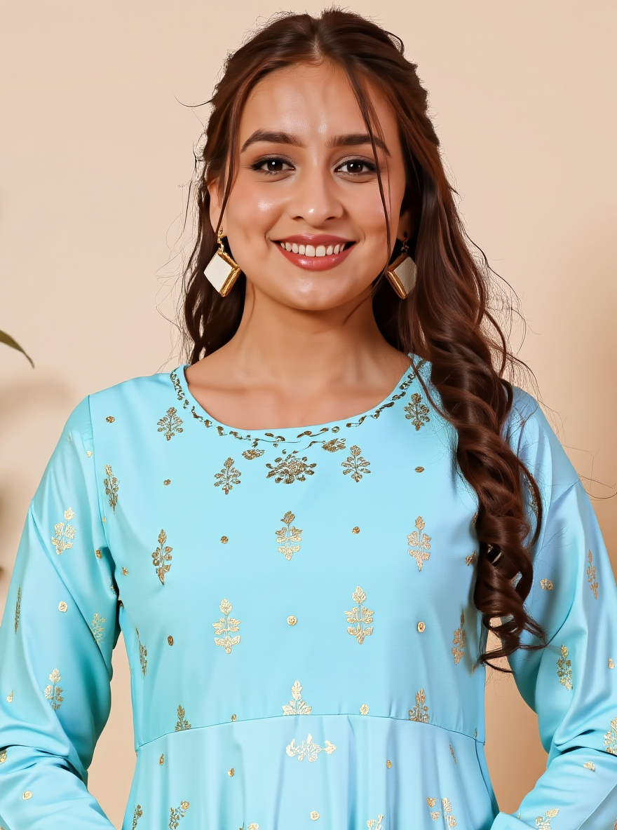 Embroidered Roman silk Gold foil Anarkali Green Kurta
