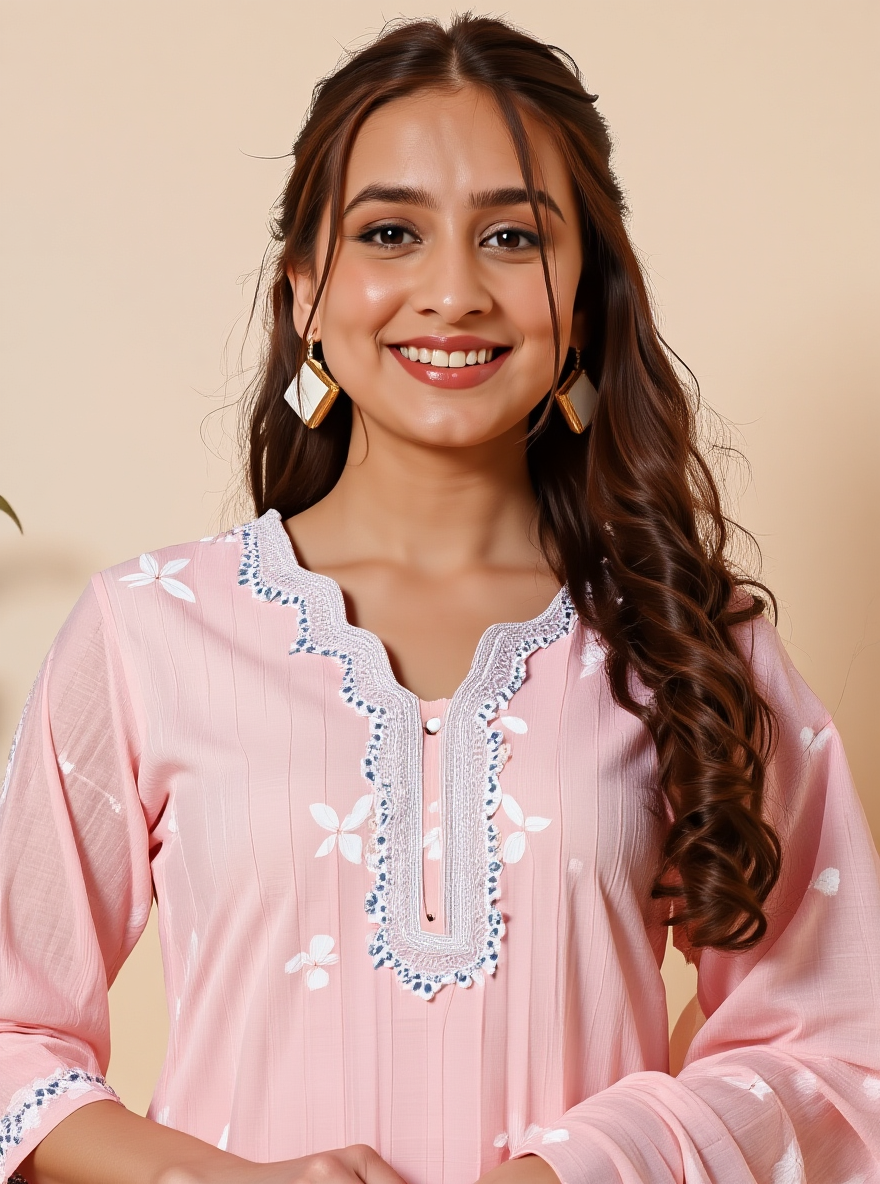 Embroidered Chanderi Floral Straight Peach Kurta
