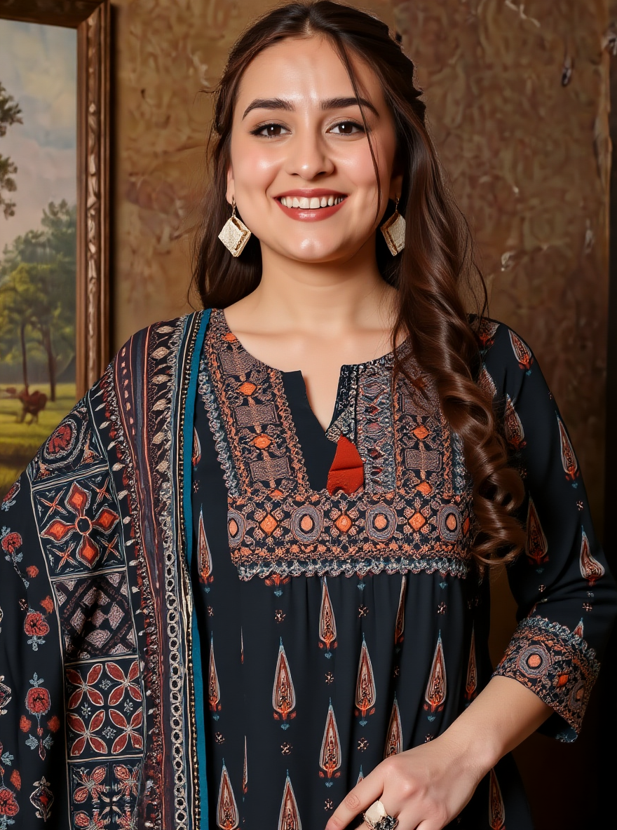 Soft Cotton Geometric Flared Black Kurta