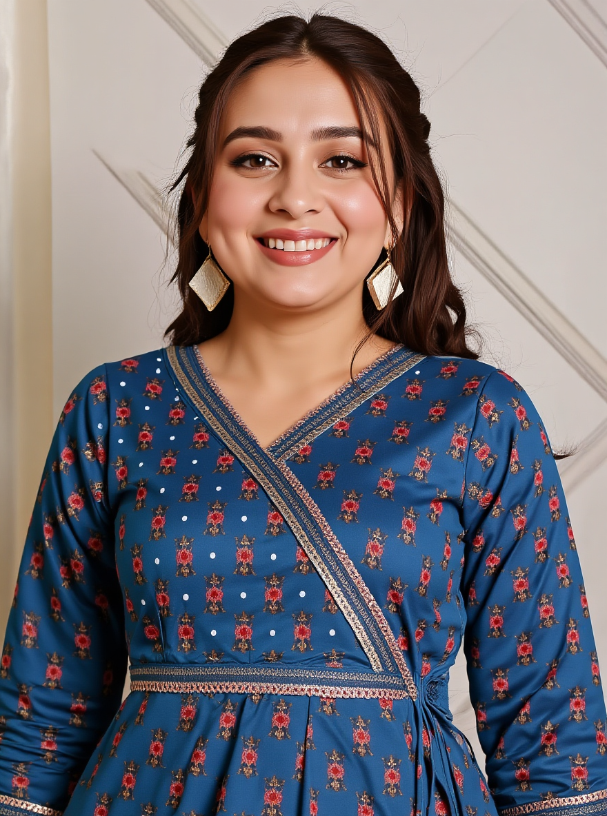 Embroidered Soft Cotton Floral Angrakha Blue Kurta