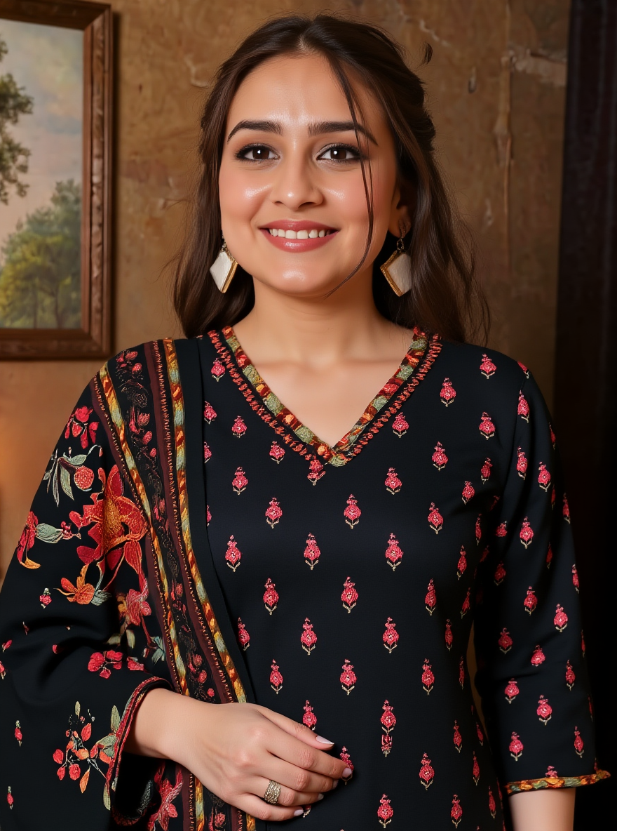 Viscose Placement Print Straight Black Kurta