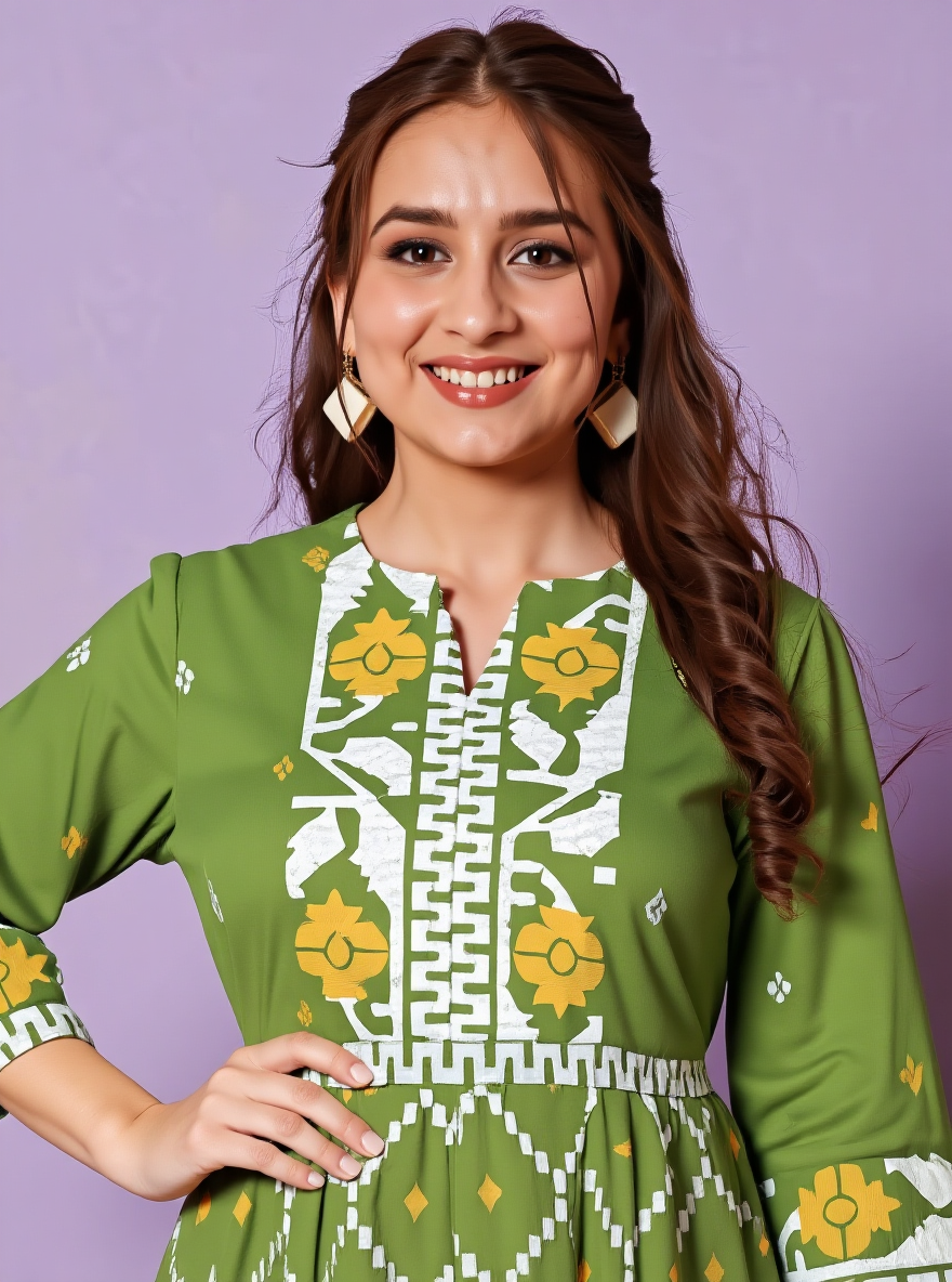 Soft Cotton Geometric Flared Green Dress