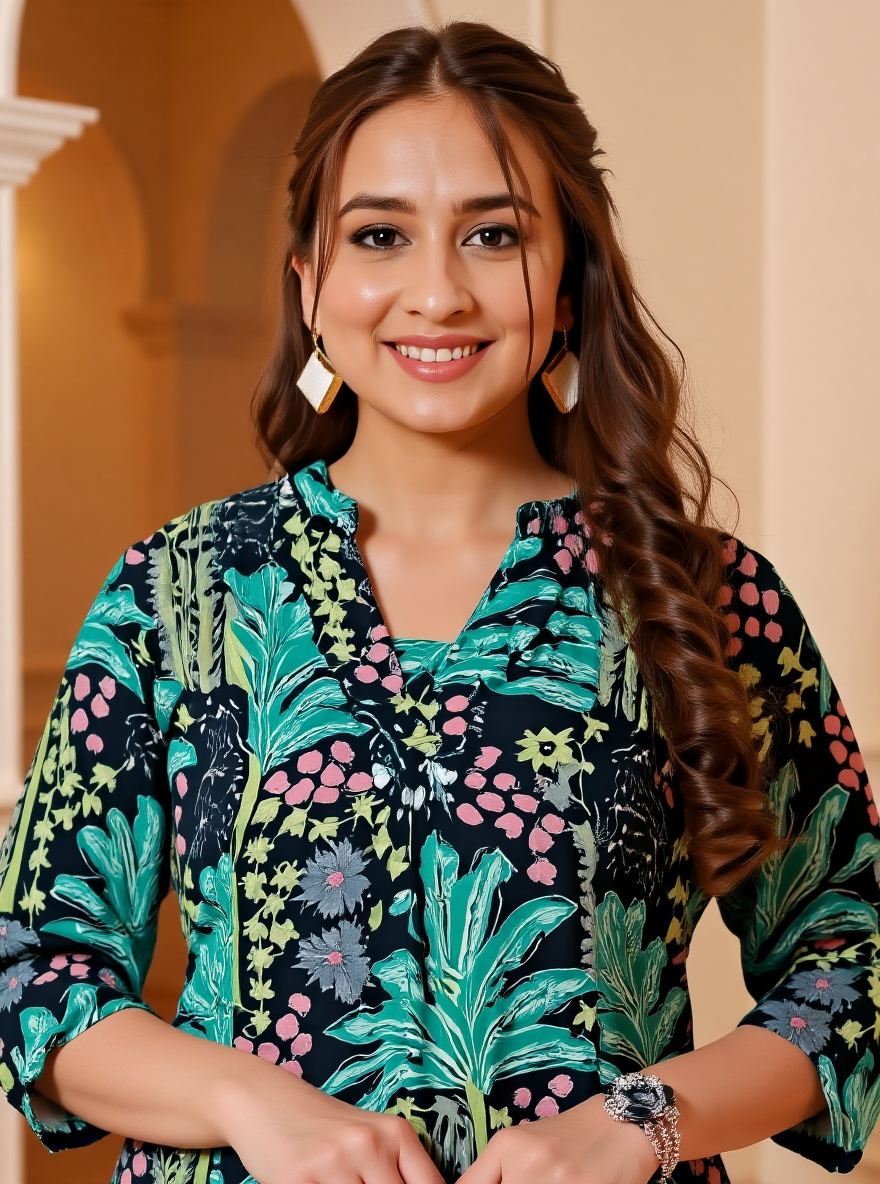 Soft Cotton Foliage Flared Black Kurta