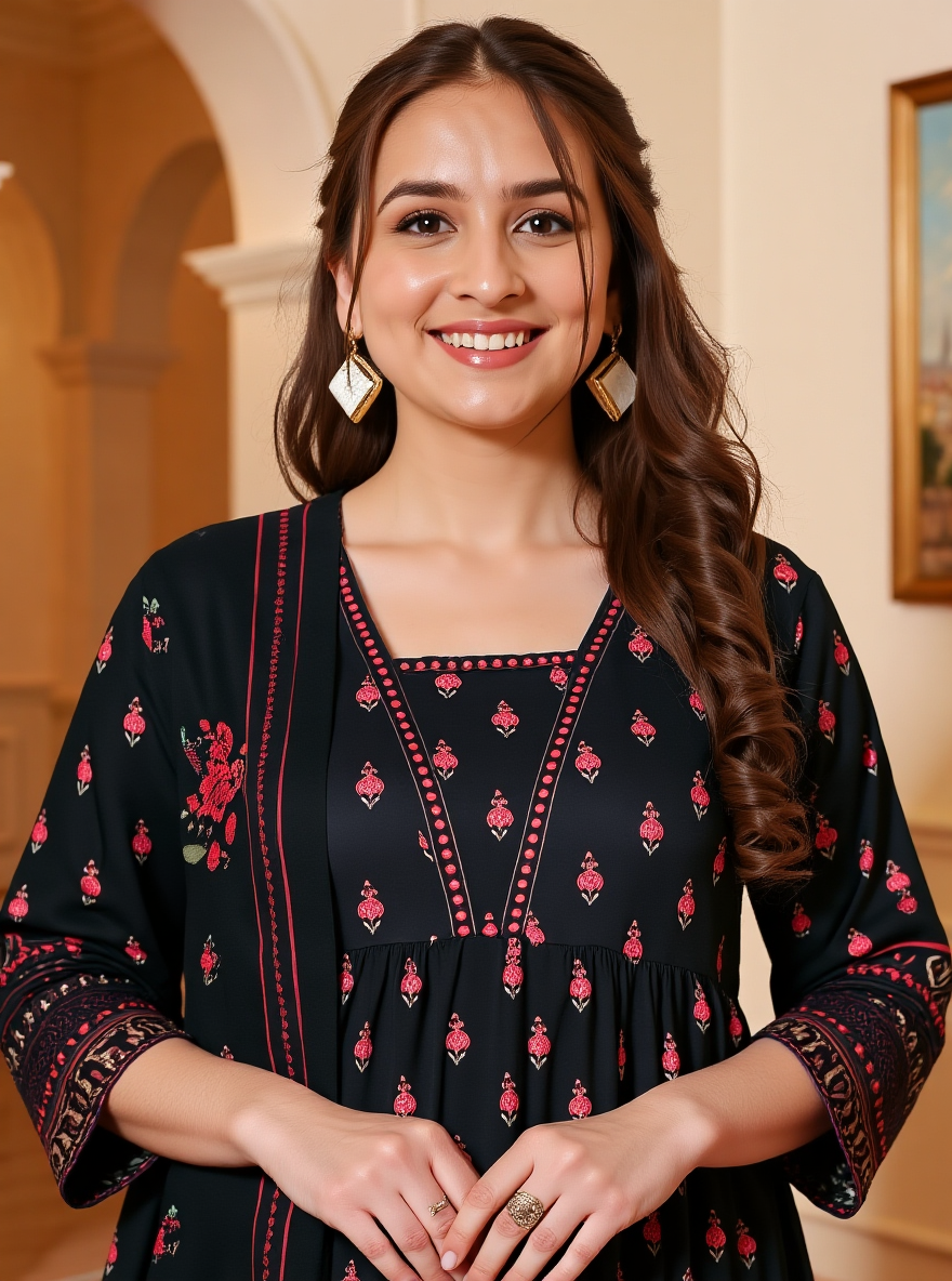 Viscose Floral Anarkali Black Kurta