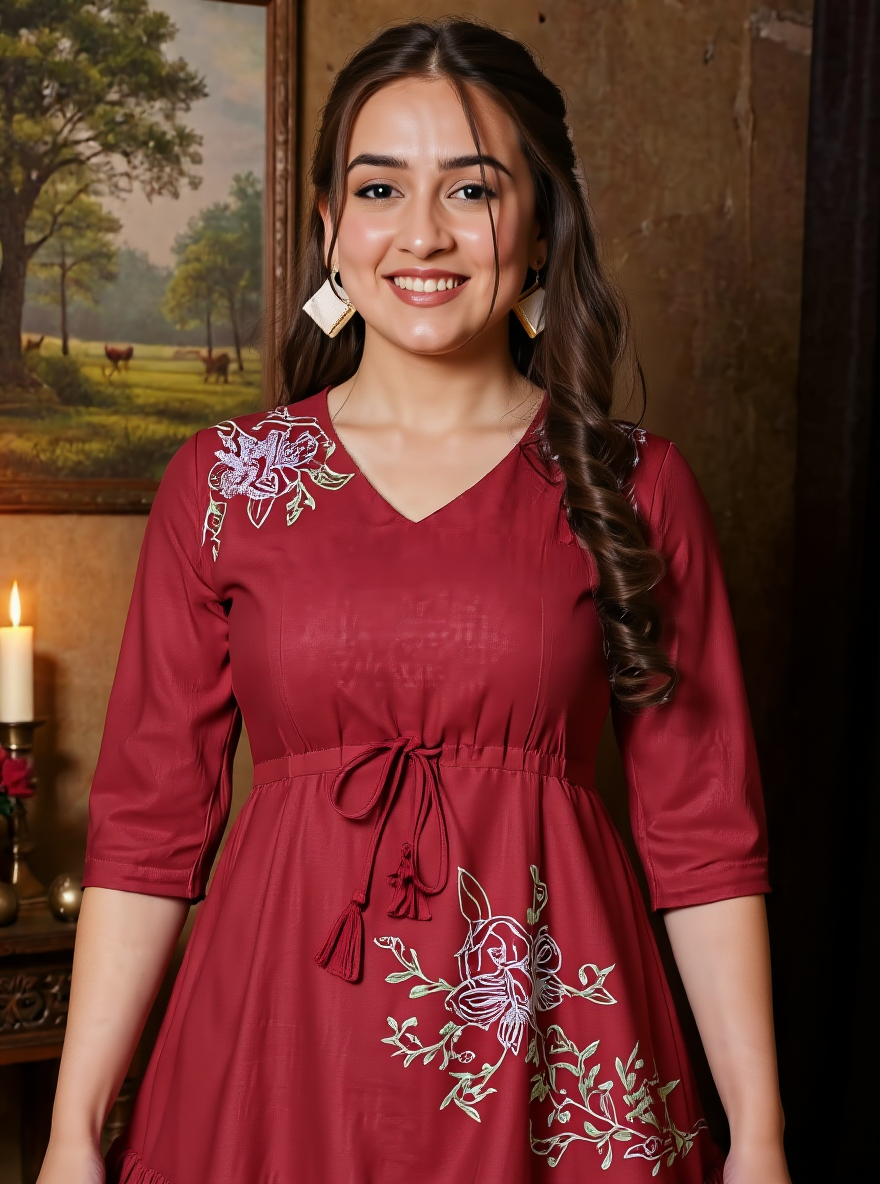 Embroidered Blend Cotton Solid A-line Maroon Dress