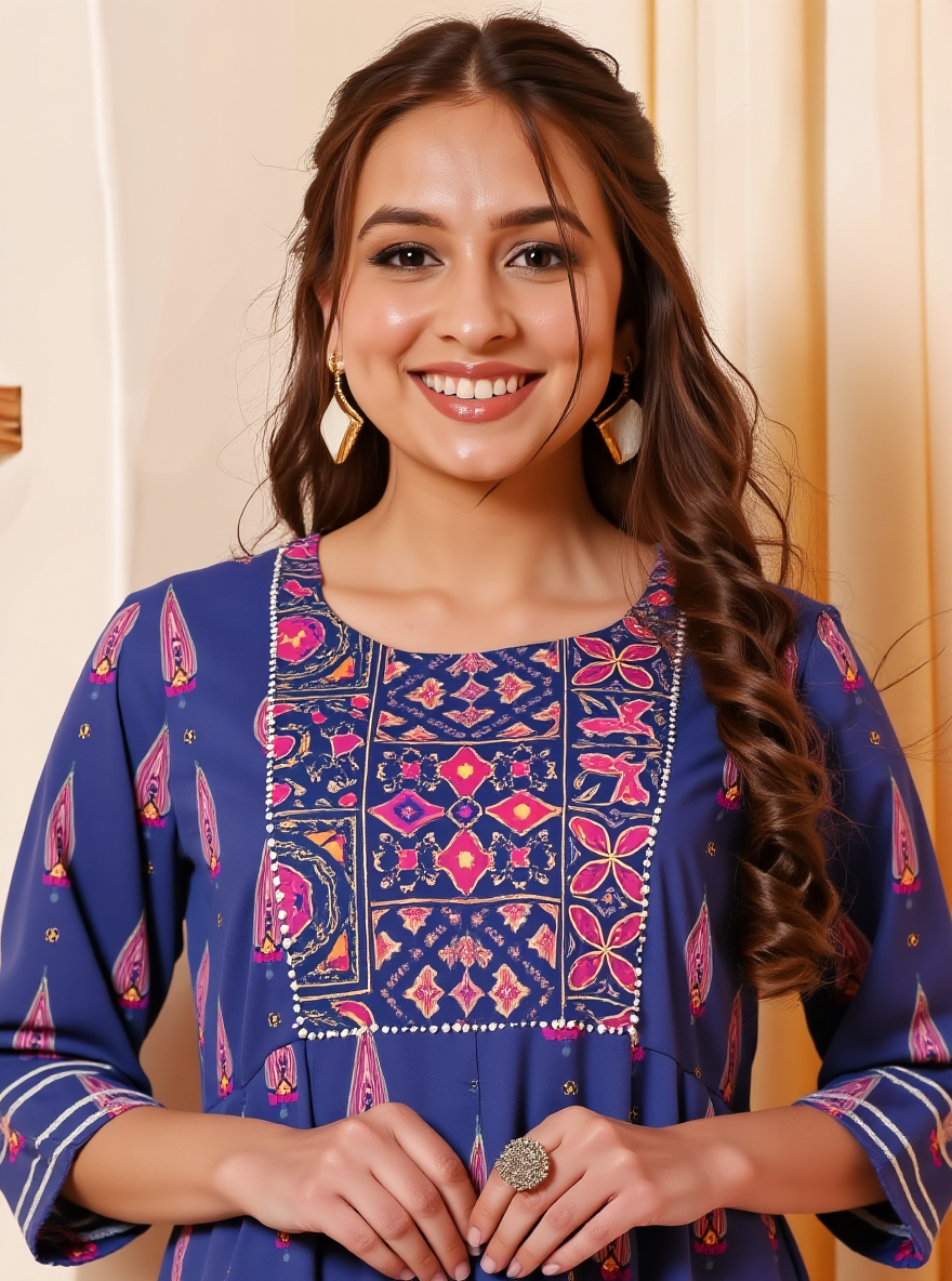 Soft Cotton Mughal Print Anarkali Purple Kurta