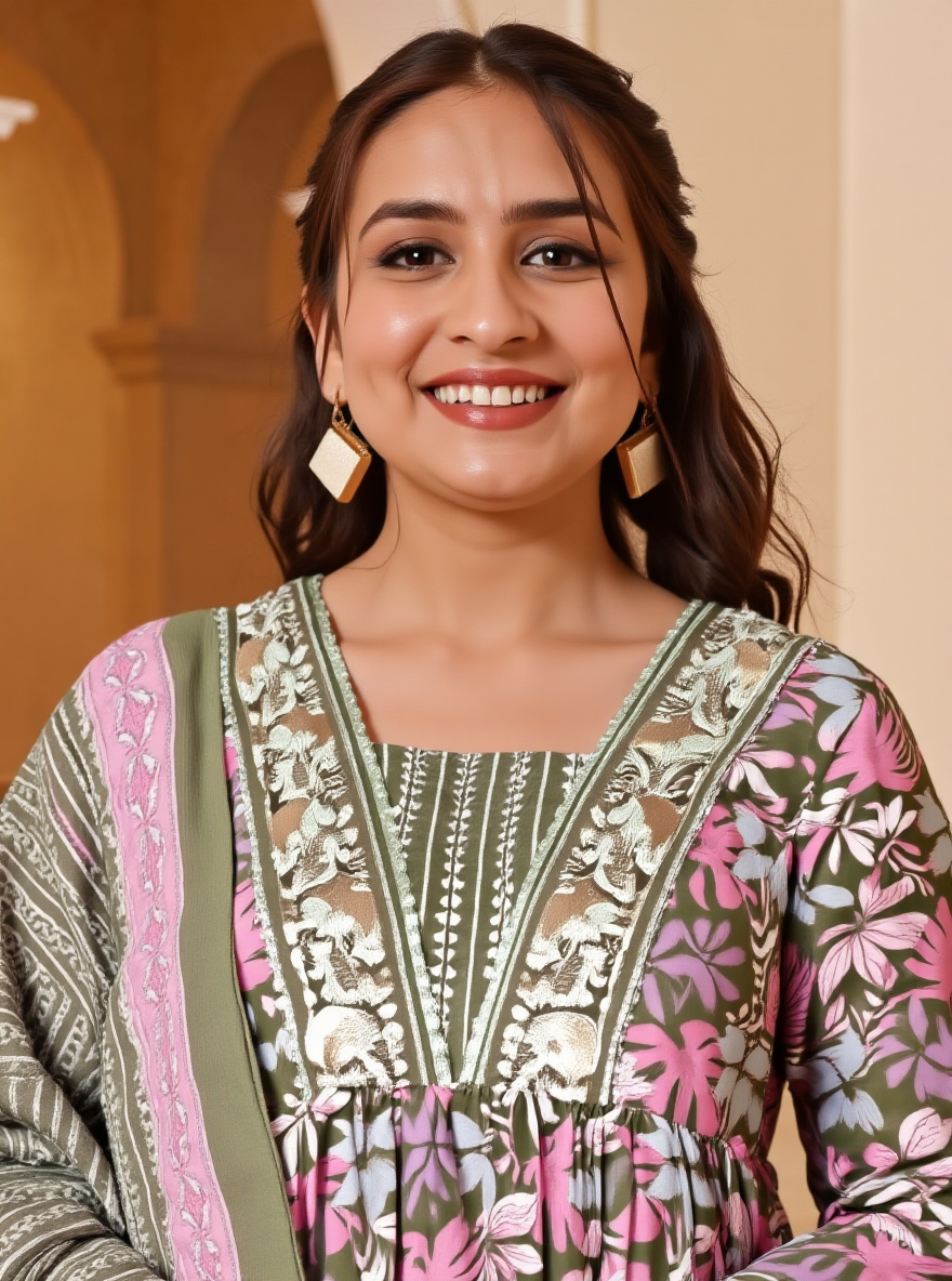 Embroidered Soft Cotton Floral Anarkali Green Kurta