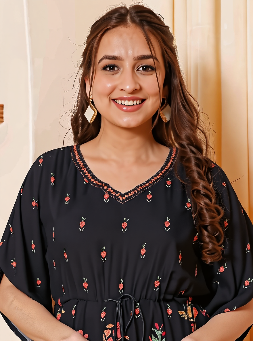 Viscose Floral Kaftan Black Kurta
