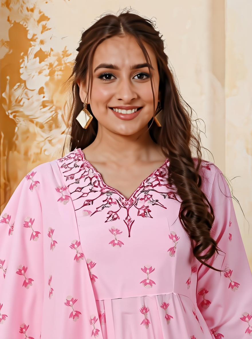 Embroidered Chanderi Ikat Angrakha Baby Pink Kurta
