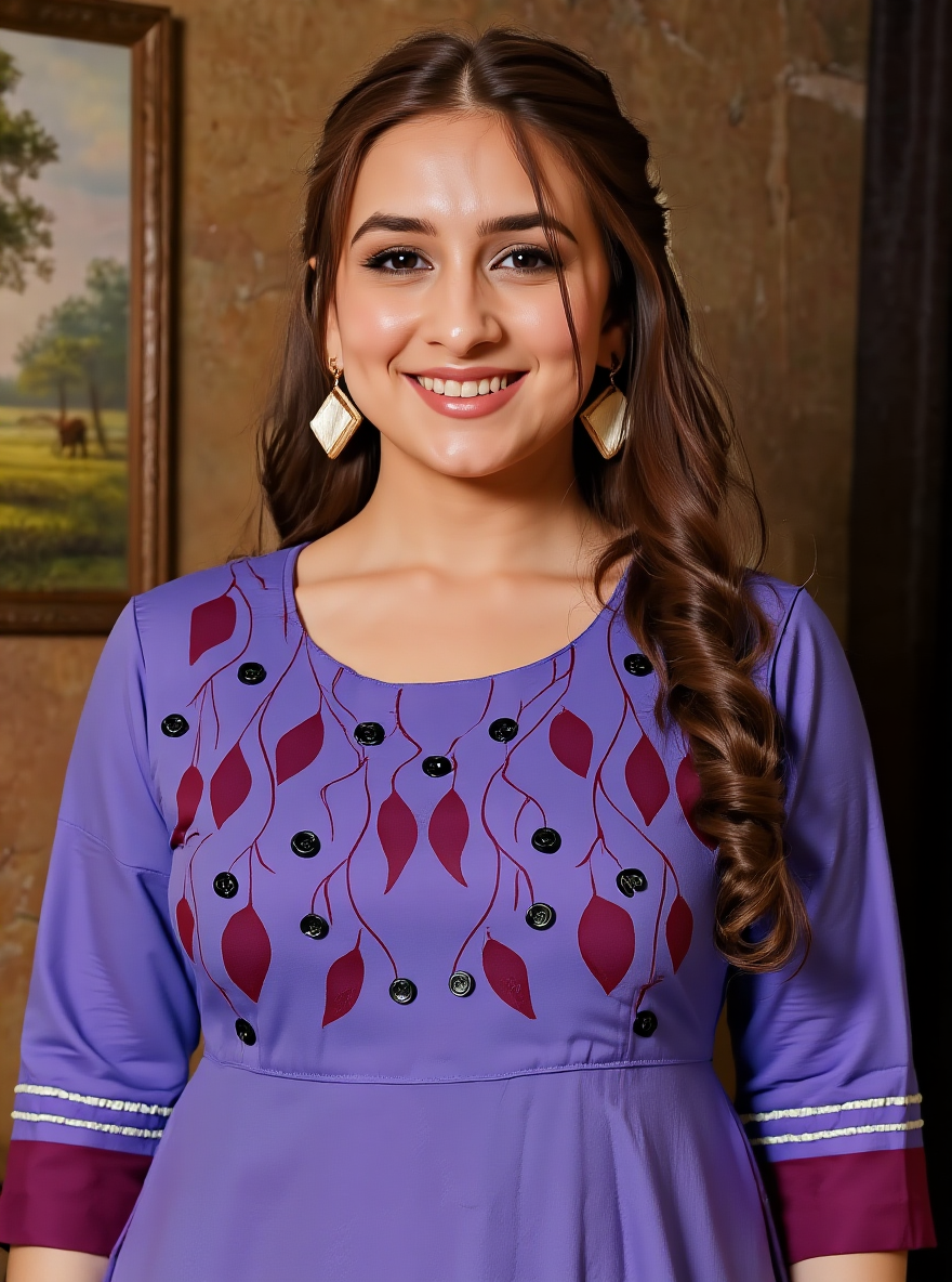 Embroidered Linen Cotton Solid Anarkali Purple Kurta