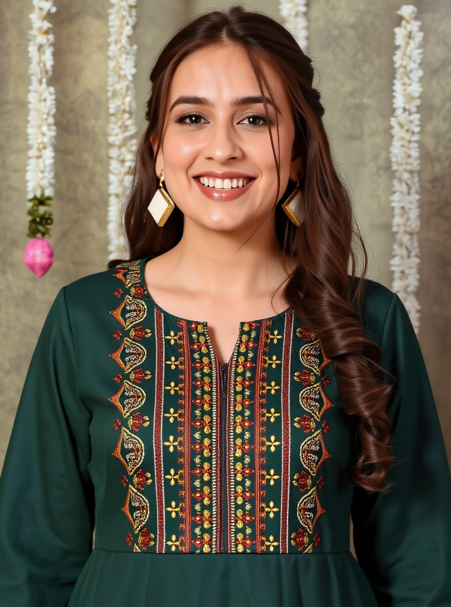 Embroidered Linen Cotton Solid Green Kurta