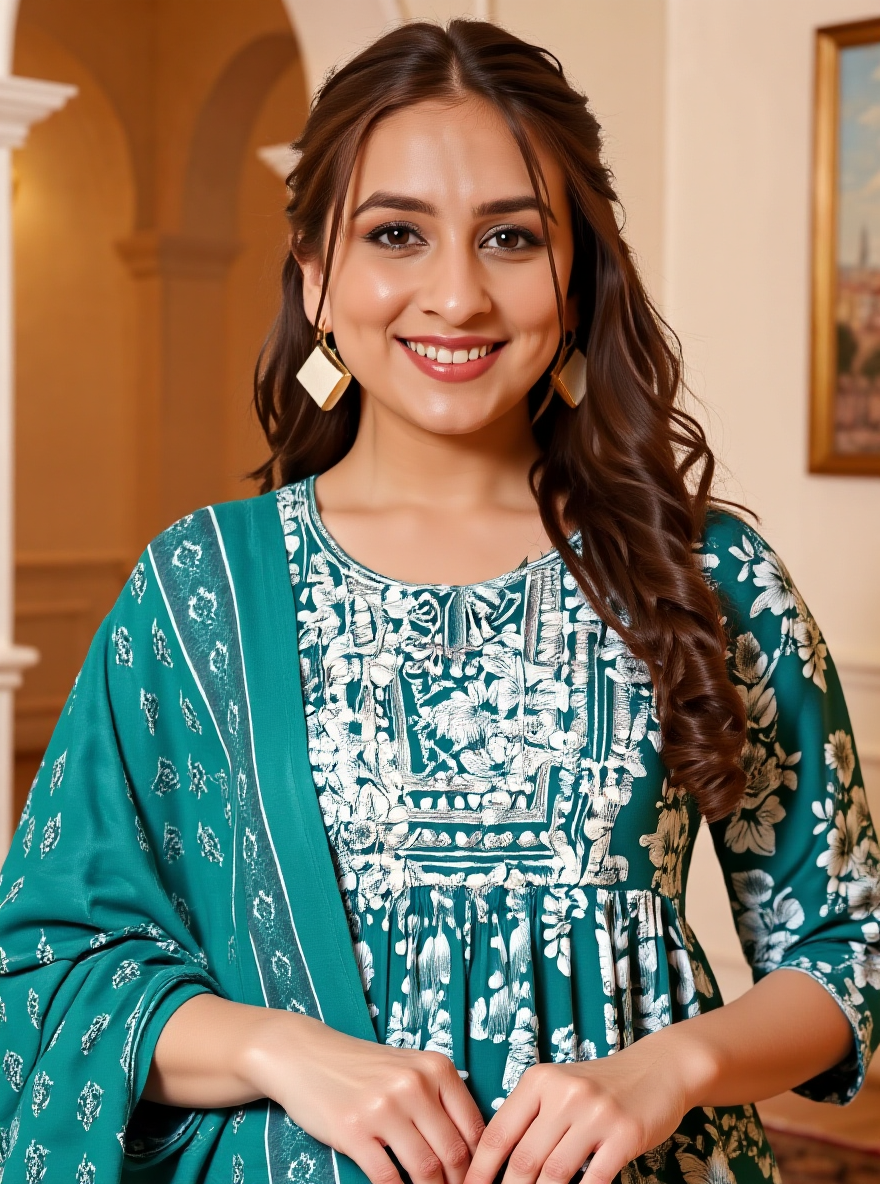 Embroidered Soft Cotton Floral Flared Green Kurta