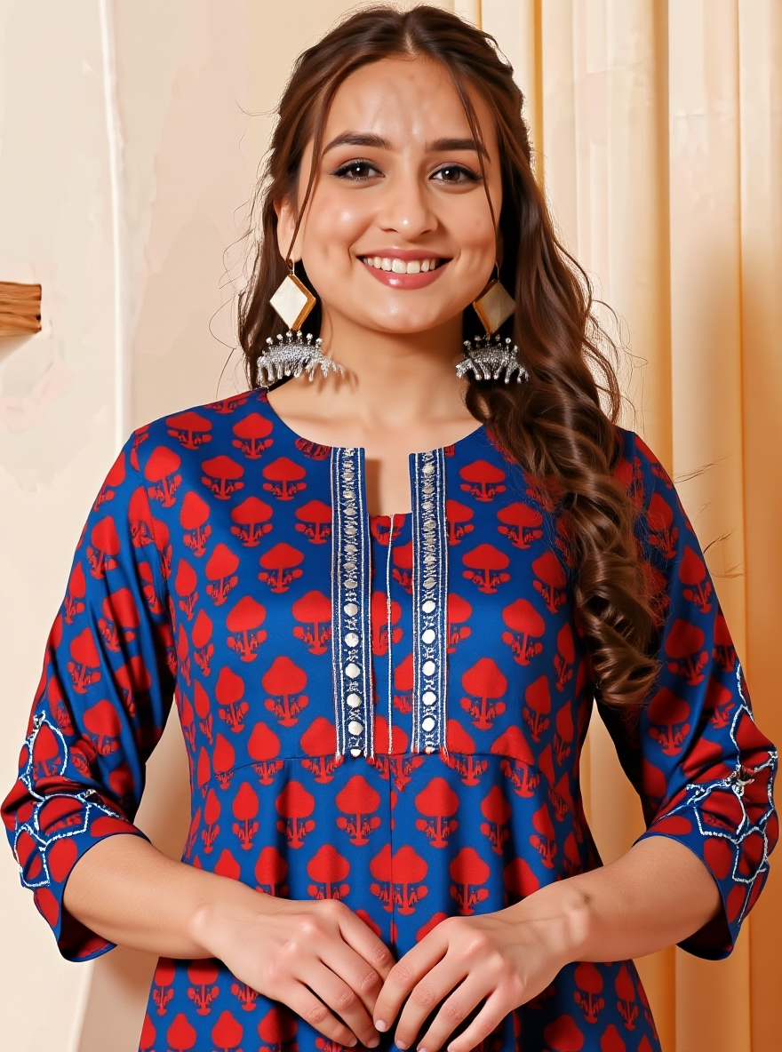 Embroidered Soft Cotton Block Print Flared Navy Blue Kurta