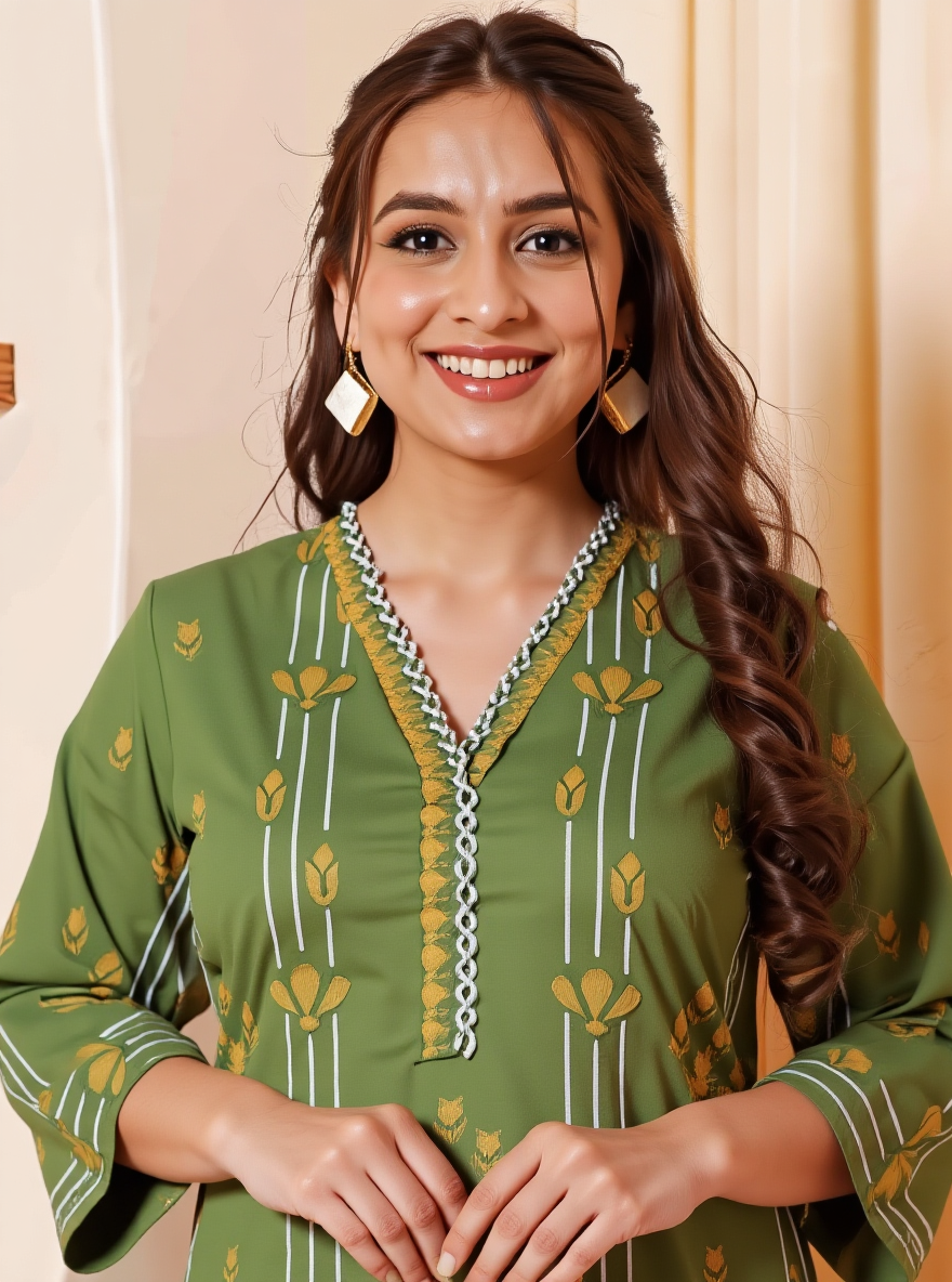 Soft Cotton Geometric A-line Green Kurta