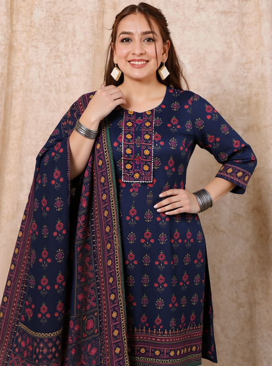 Soft Cotton Floral Straight Blue Kurta