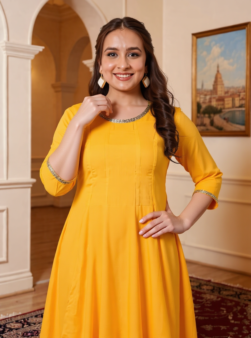 Embroidered Cotton Voile Solid Anarkali Yellow Kurta