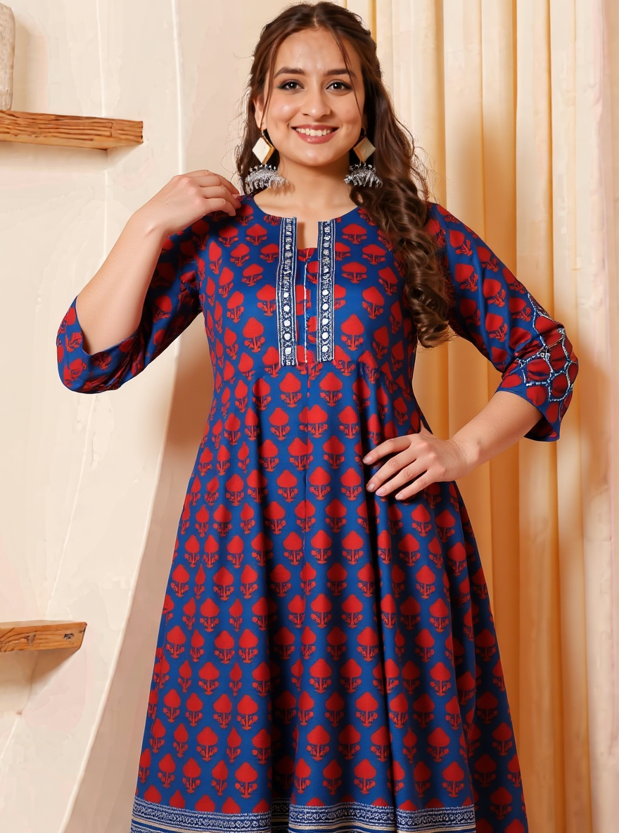 Embroidered Soft Cotton Block Print Flared Navy Blue Kurta