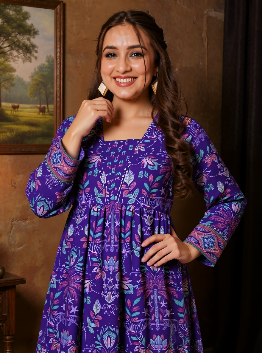 Embroidered Soft Cotton Floral Anarkali Purple Kurta