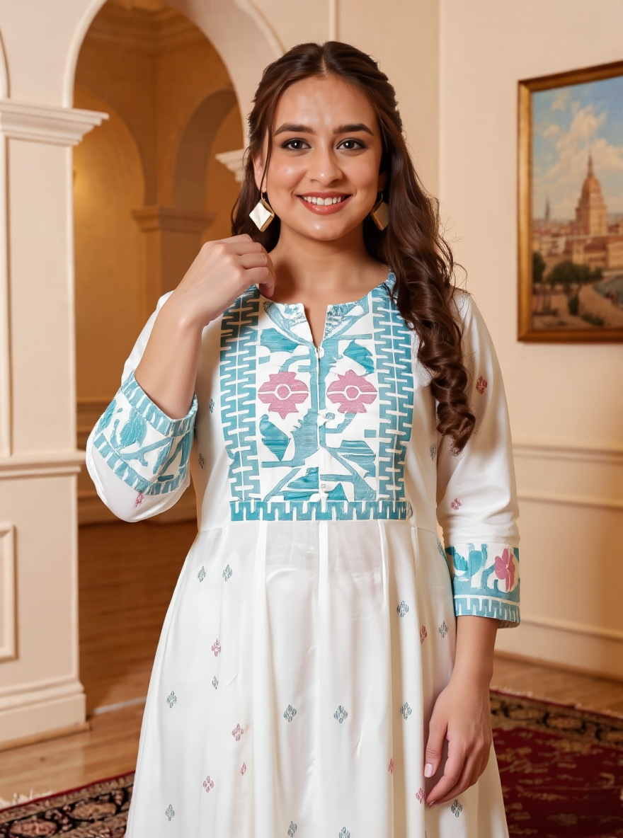 Soft Cotton Geometric Off White Kurta