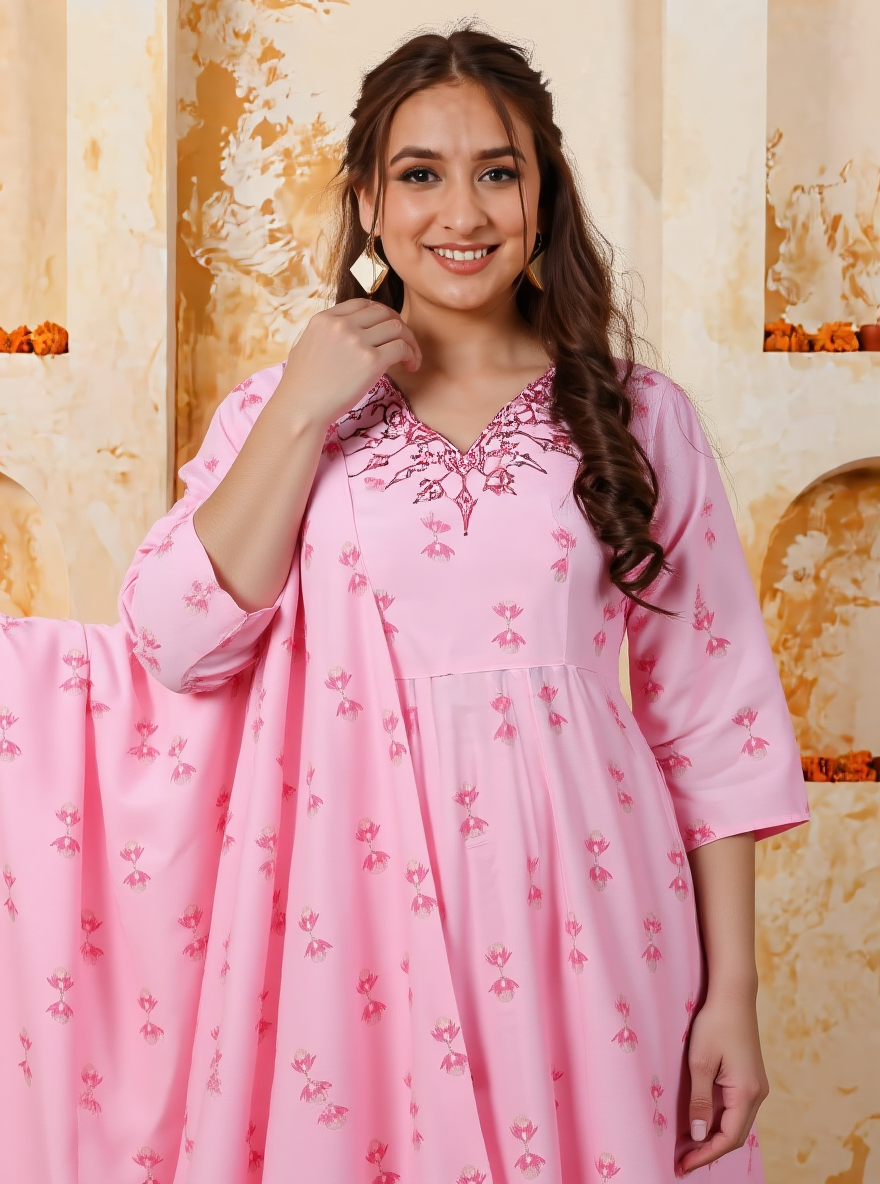 Embroidered Chanderi Ikat Angrakha Baby Pink Kurta