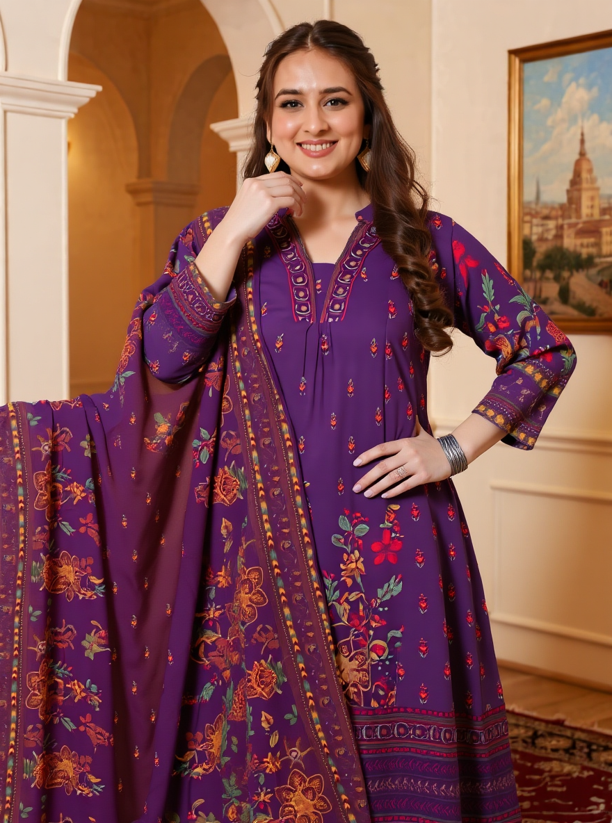 Embroidered Viscose Floral Flared Mauve Kurta