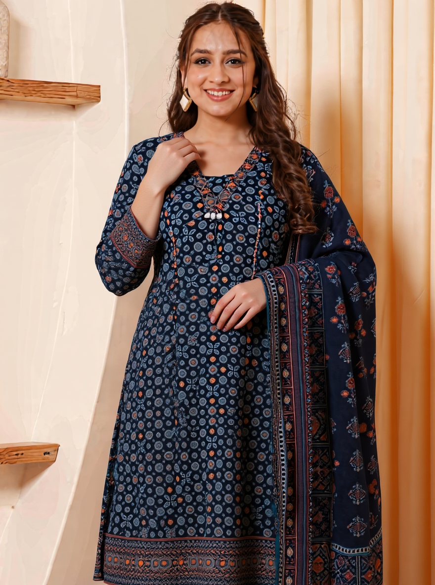 Soft Cotton Geometric Flared Black Kurta