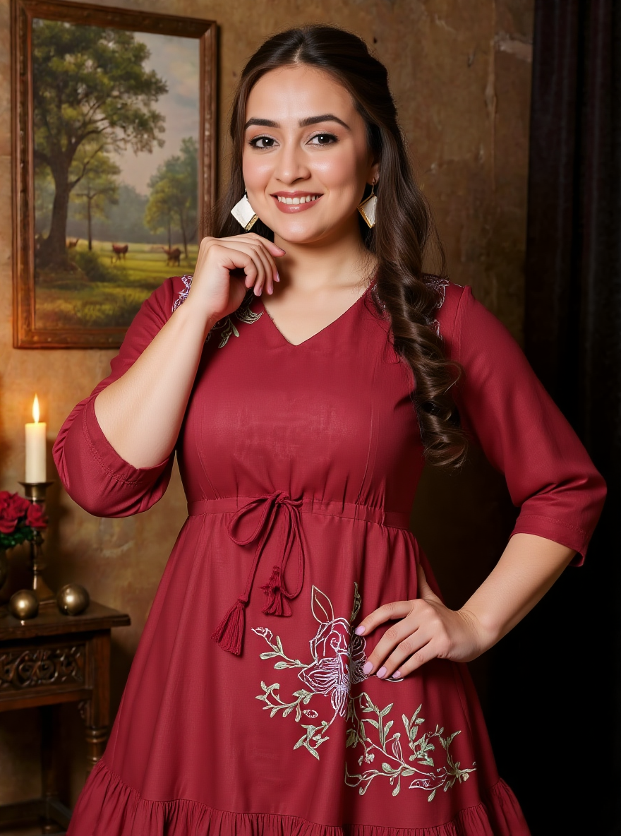 Embroidered Blend Cotton Solid A-line Maroon Dress