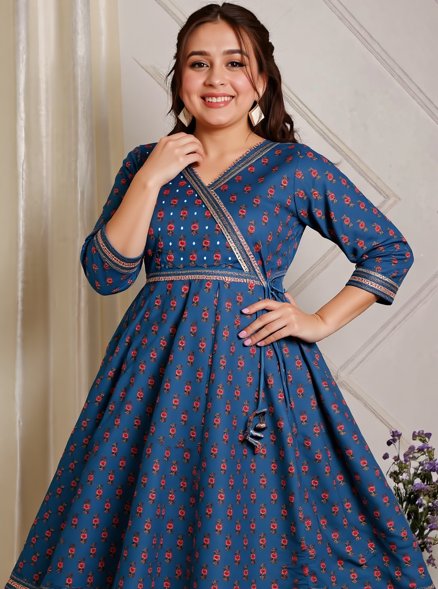 Embroidered Soft Cotton Floral Angrakha Blue Kurta
