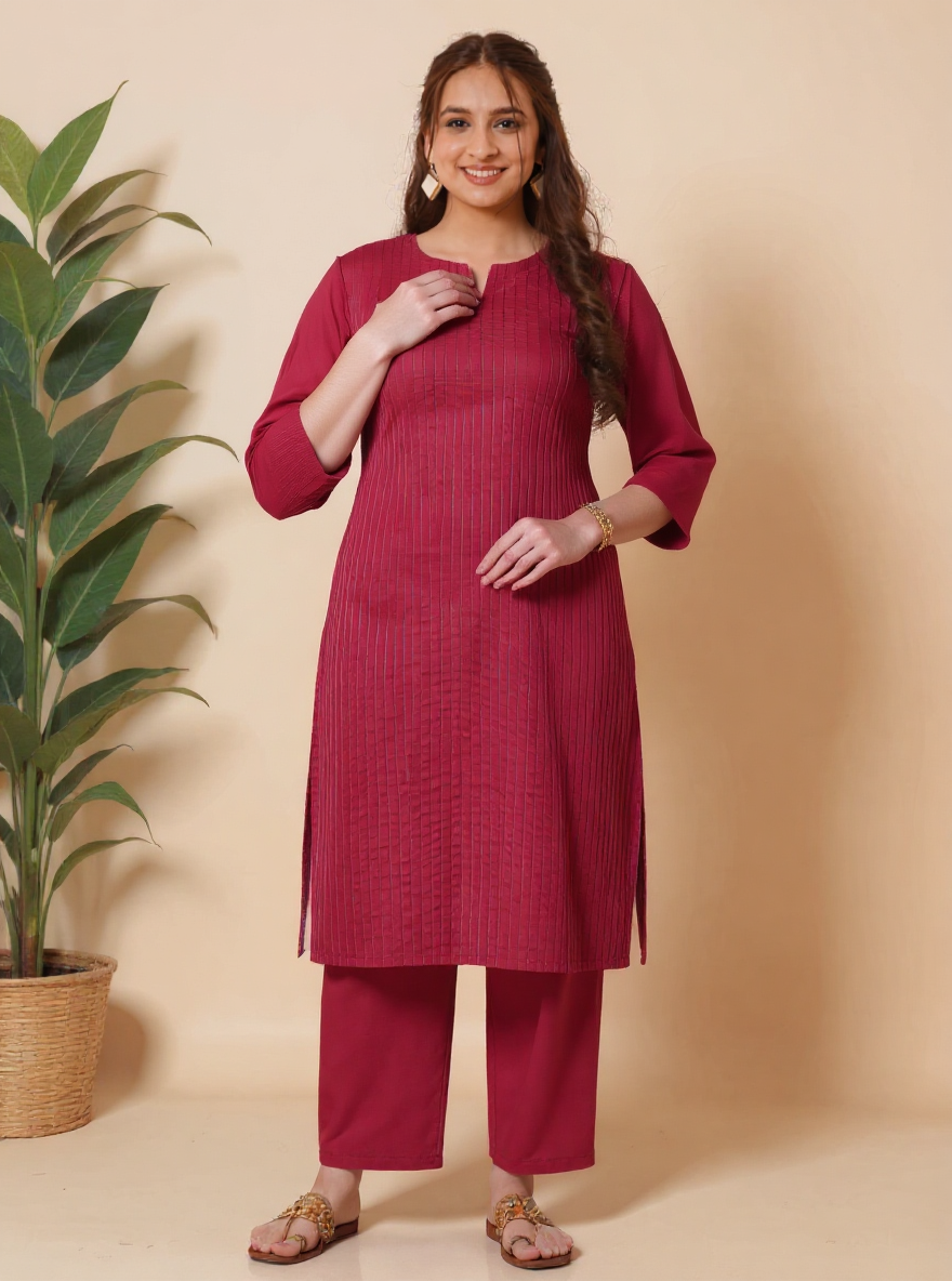 Soft Cotton Solid Straight Maroon Kurta