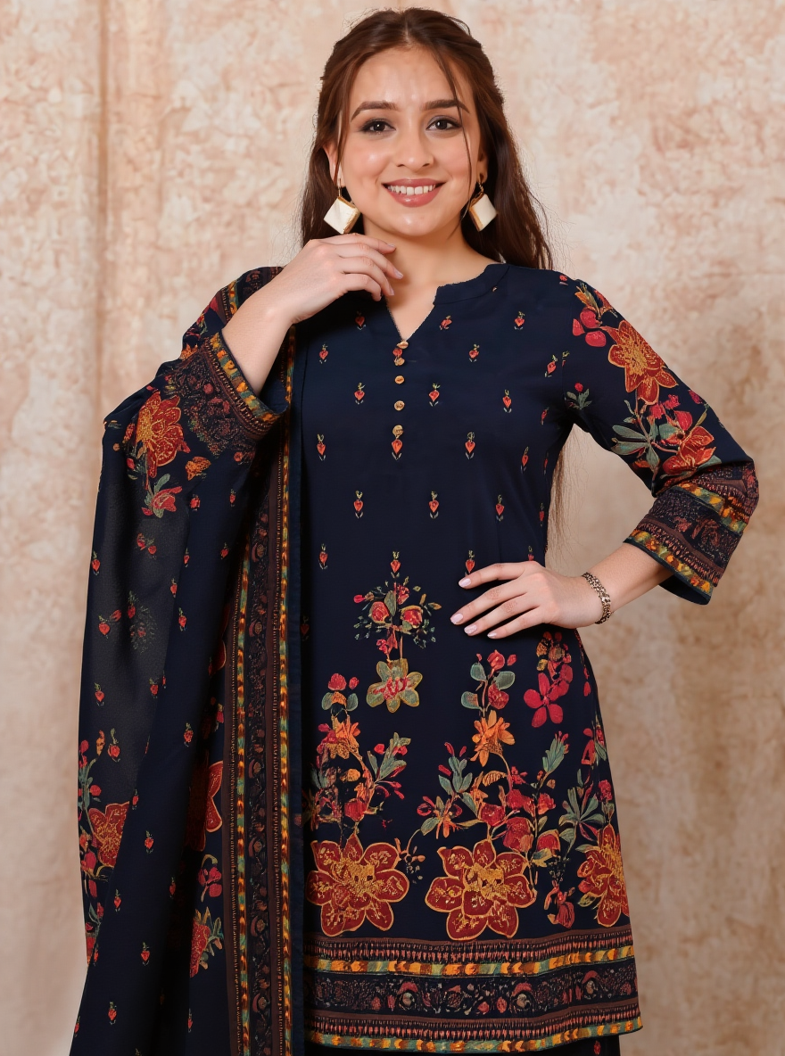 Viscose Floral Straight Black Kurta