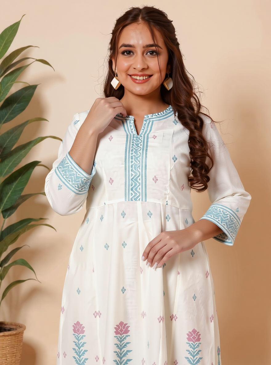 Soft Cotton Geometric Angrakha Off White Kurta