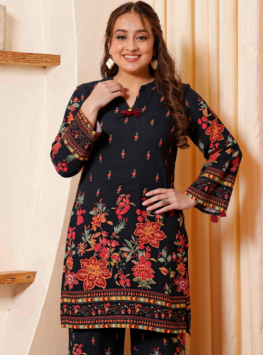 Viscose Placement Print Straight Black Kurta