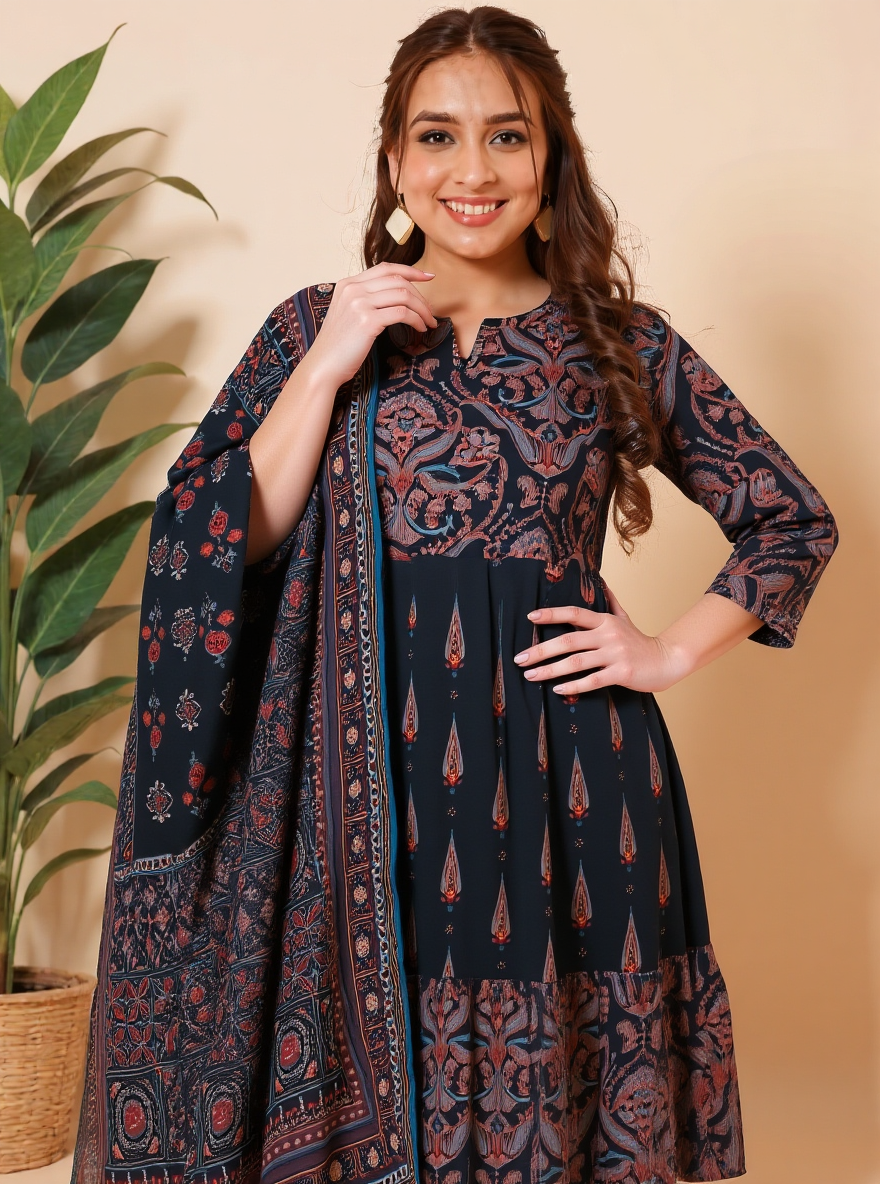 Soft Cotton Geometric Anarkali Black Kurta