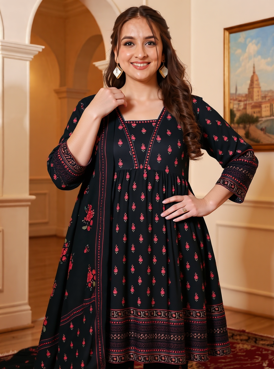 Viscose Floral Anarkali Black Kurta
