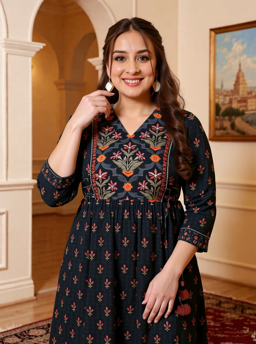 Soft Cotton Floral Flared Black Kurta