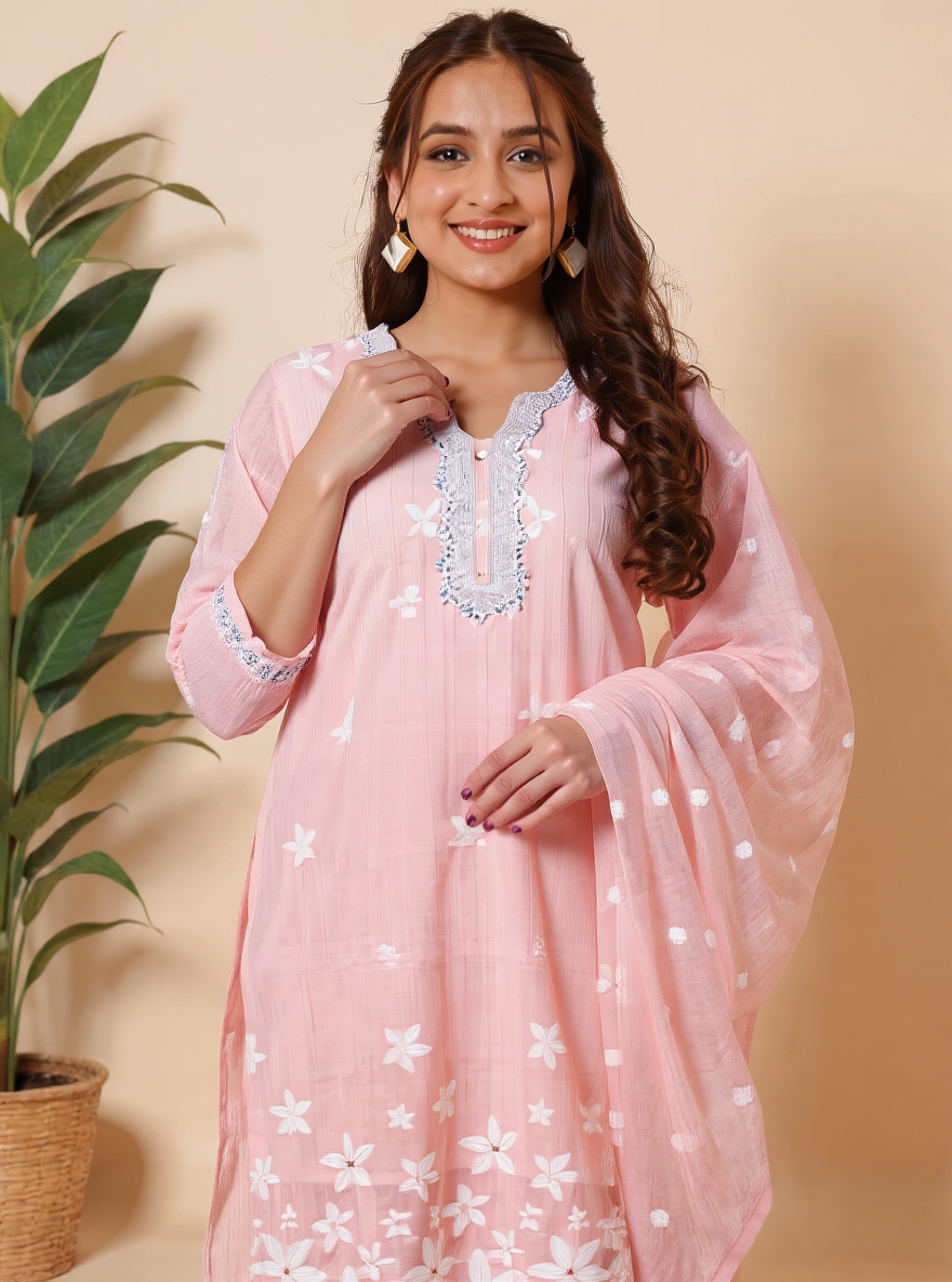 Embroidered Chanderi Floral Straight Peach Kurta