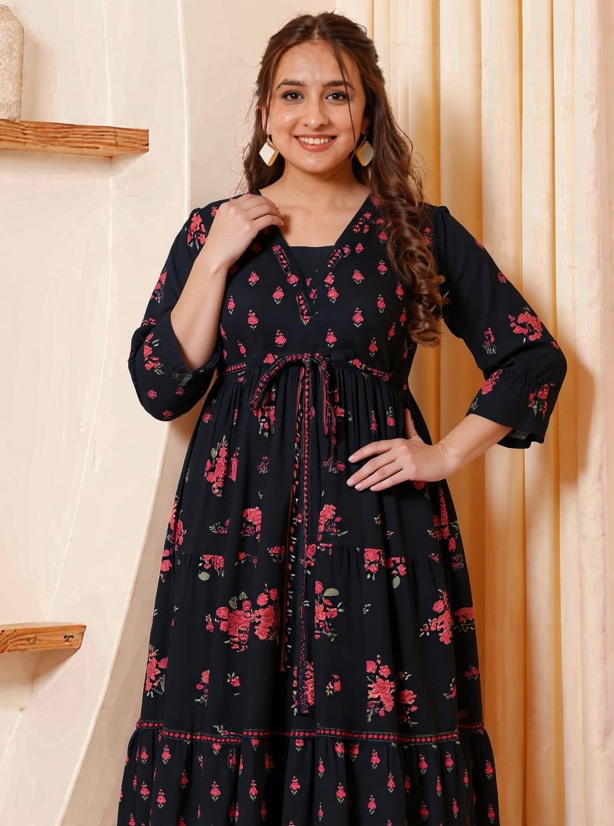 Viscose Floral Gathered Black Dress