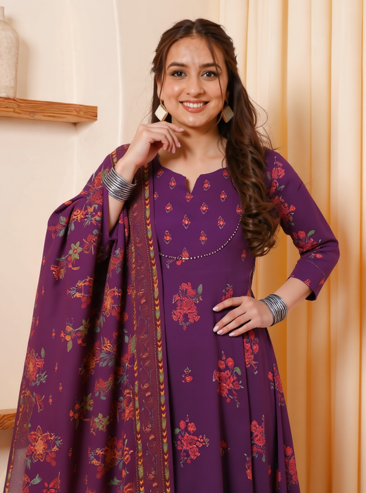 Embroidered Viscose Floral Anarkali Maroon Kurta